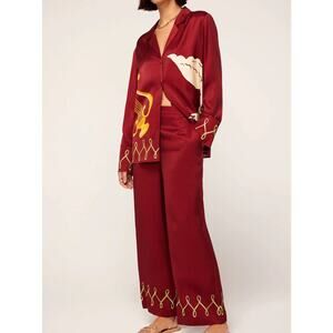 NWT Kitri Maroon Satin Embroidered Pull On Pants M